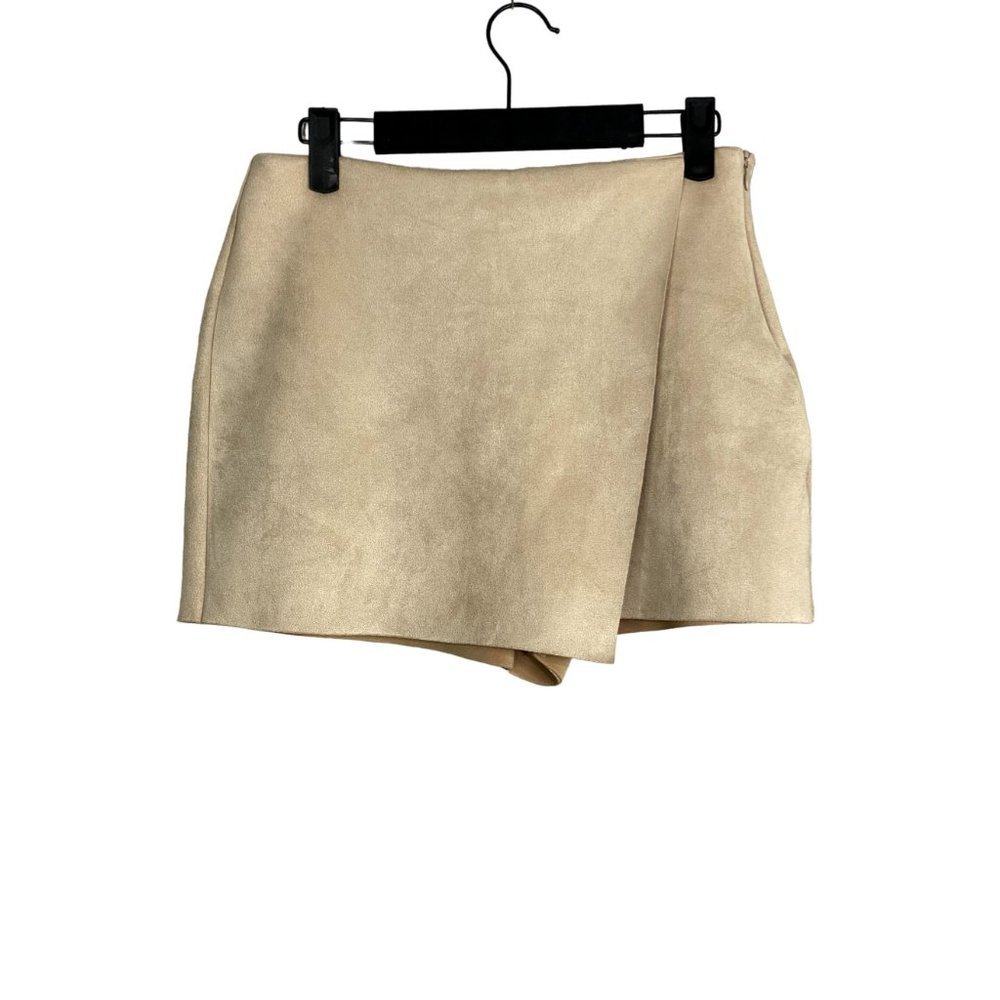ZARA Faux Suede Mini Skort Stretch High Waist Raw Hem Side Zip Up S Tan #2062